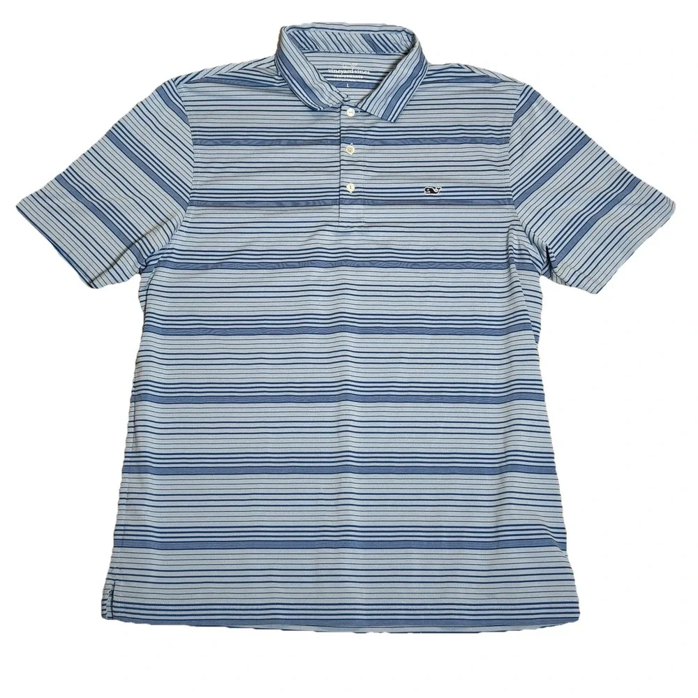 Vineyard Vines Polo Shirt Mens Large Blue Performance Whale Logo Stripe Golf - Picture 2 of 6